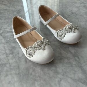 Kailee P White Satin Mary Jane Flats with small Pearl Appliqué - Size 1